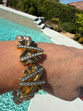 Kenneth Jay Lane Double Strand Champagne Pearl Bracelet 8” CZ Clasp